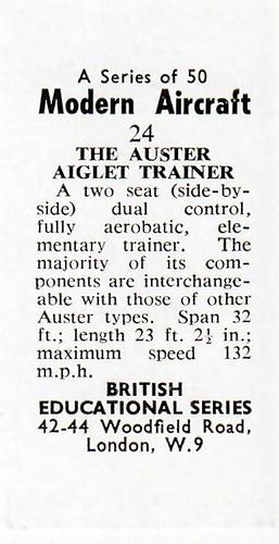 1953 British Educational Series Modern Aircraft #24 Auster Aiglet Trainer Back