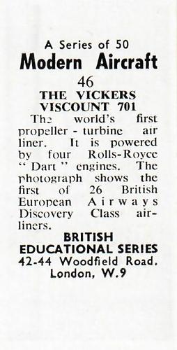 1953 British Educational Series Modern Aircraft #46 The Vickers Viscount 701 Back