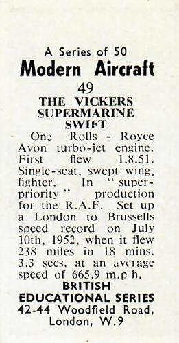 1953 British Educational Series Modern Aircraft #49 Vickers Supermarine Swift Back