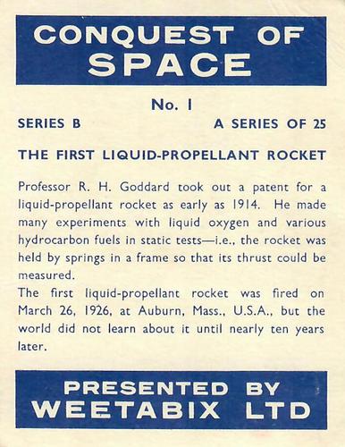 1959 Weetabix Conquest of Space Series B #1 The First Liquid-Propellant Rocket Back