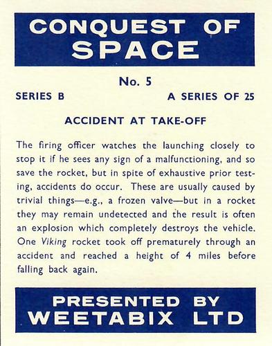1959 Weetabix Conquest of Space Series B #5 Accident at Take-Off Back