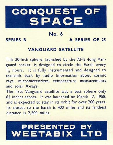 1959 Weetabix Conquest of Space Series B #6 Vanguard Satellite Back