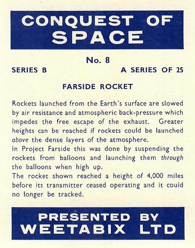 1959 Weetabix Conquest of Space Series B #8 Farside Rocket Back