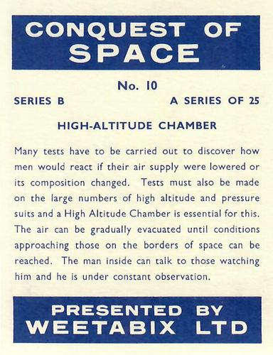 1959 Weetabix Conquest of Space Series B #10 High-Altitude Chamber Back