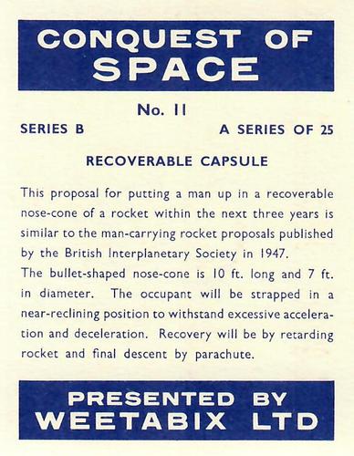 1959 Weetabix Conquest of Space Series B #11 Recoverable Capsule Back