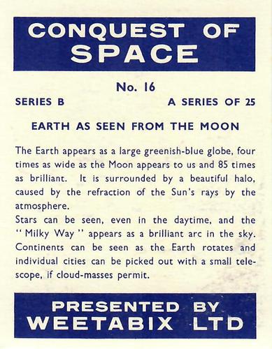 1959 Weetabix Conquest of Space Series B #16 Earth as Seen from the Moon Back