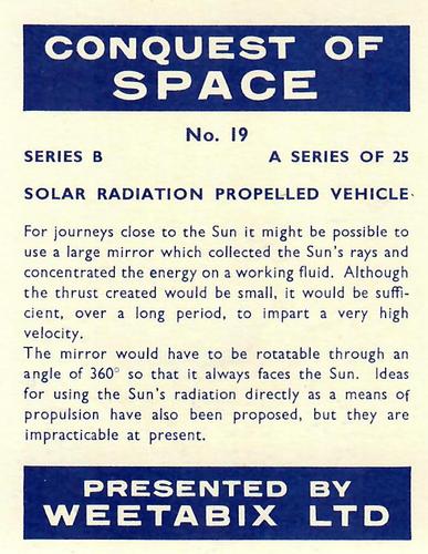 1959 Weetabix Conquest of Space Series B #19 Solar Radiation Propelled Vehicle Back