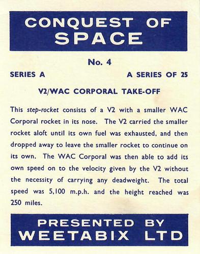 1958 Weetabix Conquest of Space Series A #4 V2/WAC Corporal Take-Off Back