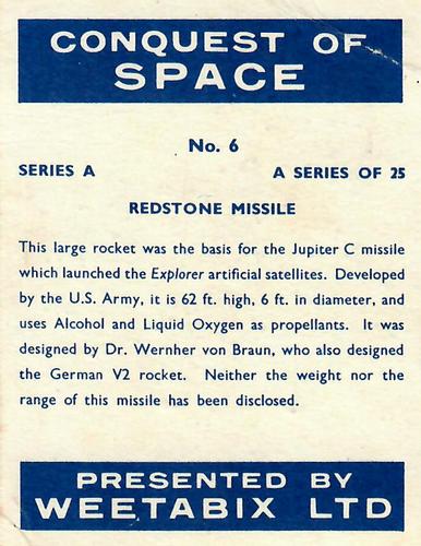 1958 Weetabix Conquest of Space Series A #6 Redstone Missile Back