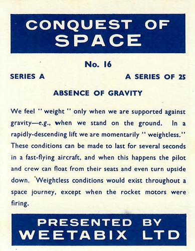 1958 Weetabix Conquest of Space Series A #16 Absence of Gravity Back