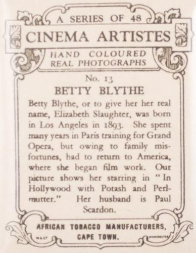 1927 African Tobacco Cinema Artistes #13 Betty Blythe Back