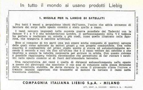 1960 Liebig I Satellite Artificiali (Artificial Satellites) (Italian text) (F1741, S1738) #1 Missile per il lancio de satelliti Back