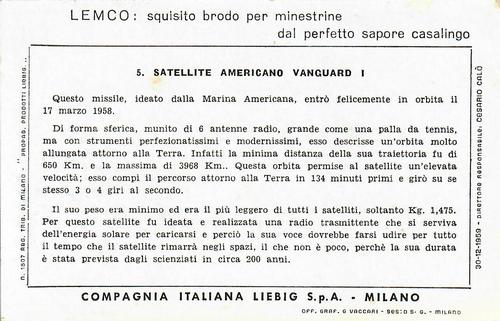 1960 Liebig I Satellite Artificiali (Artificial Satellites) (Italian text) (F1741, S1738) #5 Satellite americano Vanguard I Back
