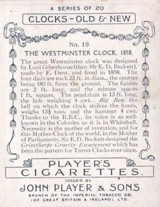 1928 Player's Clocks Old & New #19 The Westminster Clock Back