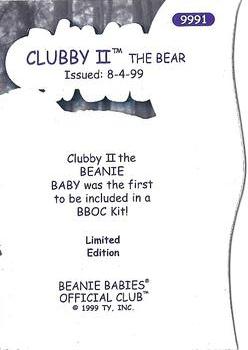 1999 Clubby I and II Beanie / Buddy Gold Cards #9991 Clubby II Beanie Buddy Back