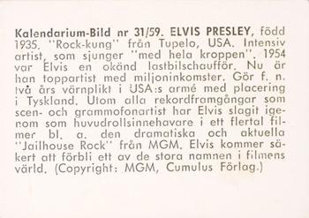 1959-61 Kalendarium-Bild Film Stars (Sweden) #31 Elvis Presley Back