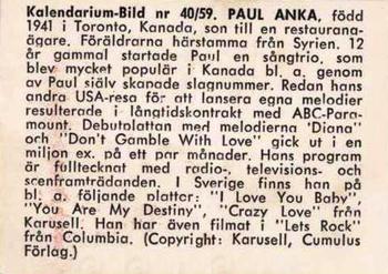 1959-61 Kalendarium-Bild Film Stars (Sweden) #40 Paul Anka Back
