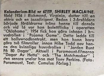 1959-61 Kalendarium-Bild Film Stars (Sweden) #67b Shirley Maclaine Back