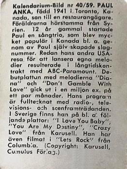 1959-61 Kalendarium-Bild Film Stars (Sweden) #40 Paul Anka Back