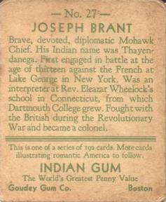 1933-40 Goudey Indian Gum (R73) #27 Joseph Brant Back