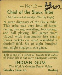 1933-40 Goudey Indian Gum (R73) #12 Chief of the Sioux Tribe Back