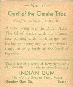 1933-40 Goudey Indian Gum (R73) #16 Chief of the Omaha Tribe Back