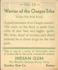 1933-40 Goudey Indian Gum (R73) #18 Warrior of the Osages Tribe Back