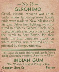 1933-40 Goudey Indian Gum (R73) #25 Geronimo Back