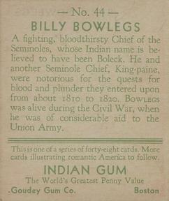 1933-40 Goudey Indian Gum (R73) #44 Billy Bowlegs Back