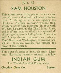 1933-40 Goudey Indian Gum (R73) #61 Sam Houston Back