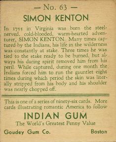 1933-40 Goudey Indian Gum (R73) #63 Simon Kenton Back