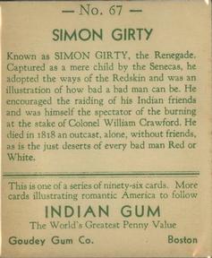 1933-40 Goudey Indian Gum (R73) #67 Simon Girty Back