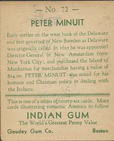 1933-40 Goudey Indian Gum (R73) #72 Peter Minuit Back