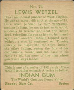 1933-40 Goudey Indian Gum (R73) #74 Lewis Wetzel Back