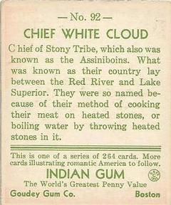 1933-40 Goudey Indian Gum (R73) #92 Chief White Cloud Back