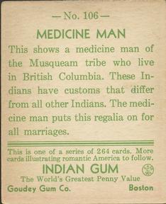 1933-40 Goudey Indian Gum (R73) #106 Medicine Man Back