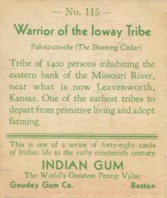 1933-40 Goudey Indian Gum (R73) #115 Warrior of the Ioway Tribe Back