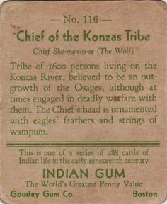1933-40 Goudey Indian Gum (R73) #116 Chief of the Konzas Tribe Back