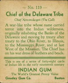1933-40 Goudey Indian Gum (R73) #119 Chief of the Delaware Tribe Back