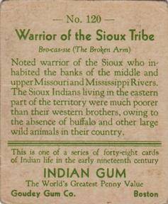 1933-40 Goudey Indian Gum (R73) #120 Warrior of the Sioux Tribe Back