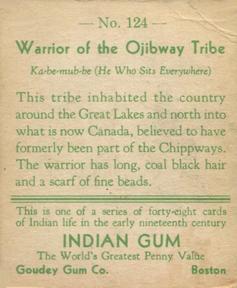 1933-40 Goudey Indian Gum (R73) #124 Warrior of the Ojibway Tribe Back