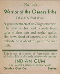1933-40 Goudey Indian Gum (R73) #140 Warrior of the Osages Tribe Back
