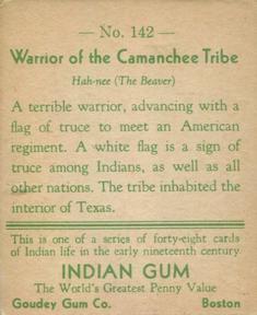 1933-40 Goudey Indian Gum (R73) #142 Warrior of the Camanchee Tribe Back