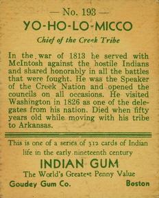 1933-40 Goudey Indian Gum (R73) #193 Yo-Ho-Lo-Micco Back