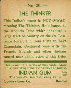 1933-40 Goudey Indian Gum (R73) #205 The Thinker Back