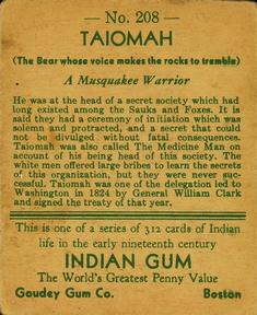1933-40 Goudey Indian Gum (R73) #208 Taiomah Back