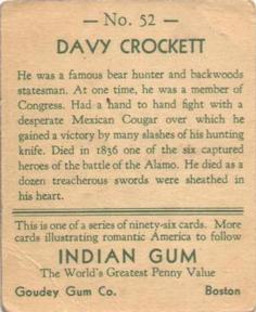 1933-40 Goudey Indian Gum (R73) #52 Davy Crockett Back