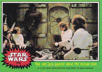 1977 Topps Star Wars #216 Han and Leia quarrel about the escape plan Front