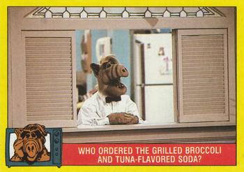1987 Topps ALF #35 Who ordered the grilled broccoli and tuna-flavored soda? Front