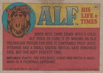 1987 Topps ALF #45 O.K. Who's The Wise Guy Who Made Off With My Persian On Rye? Back